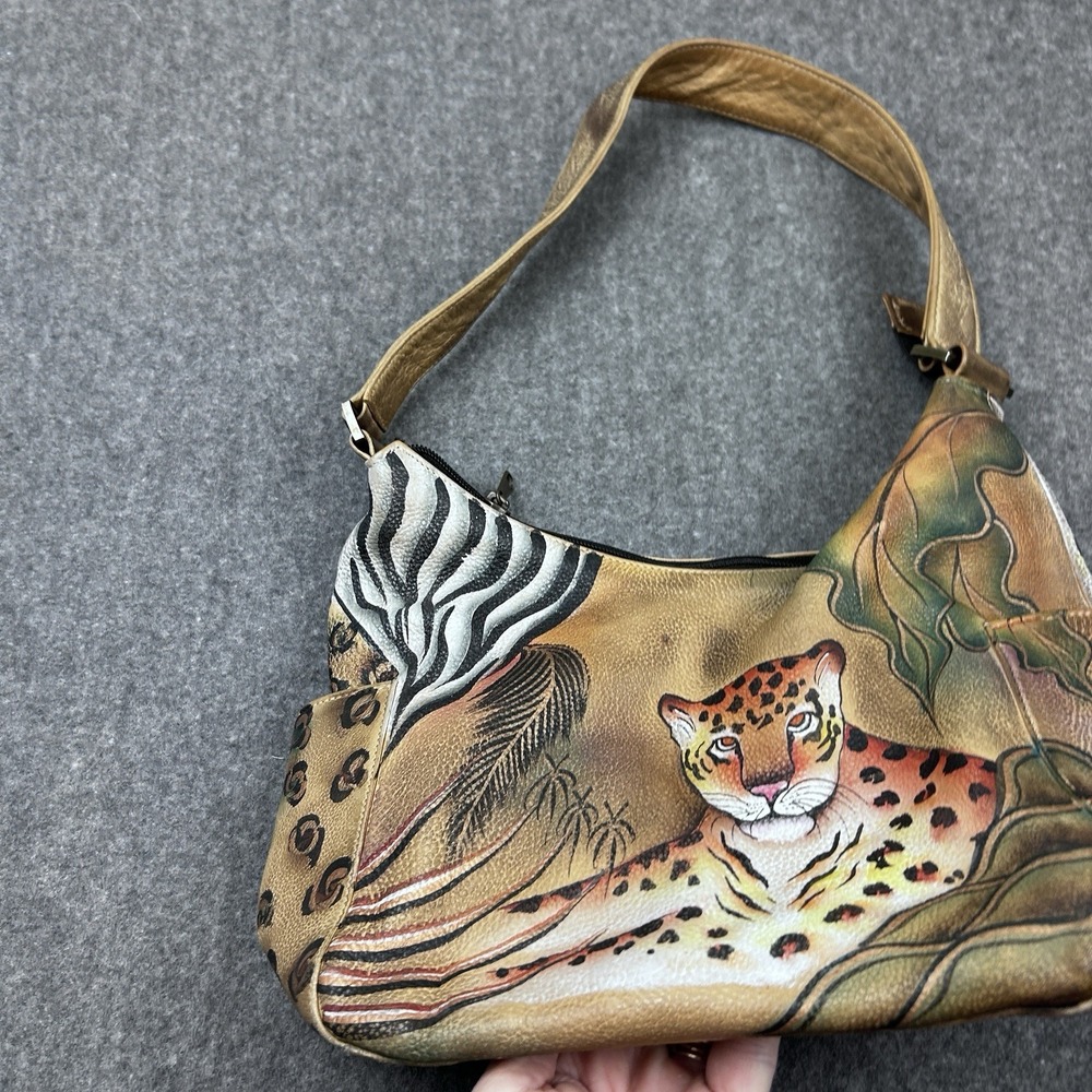 Anuschka Hand Painted Leopard Zebra Jungle Shoulder Bag Leather Purse